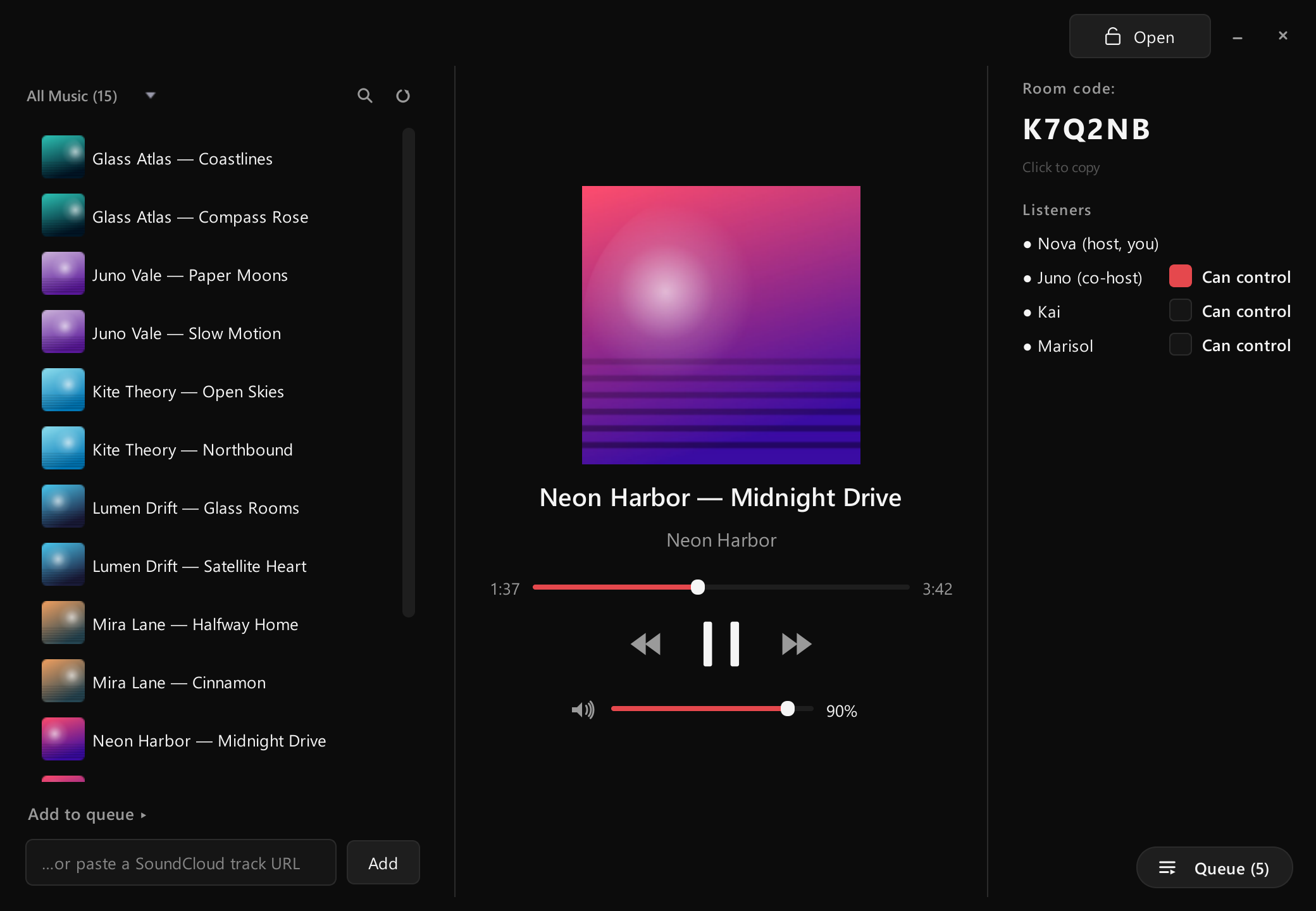 An Encore room: room code, listeners, and the song everyone is hearing