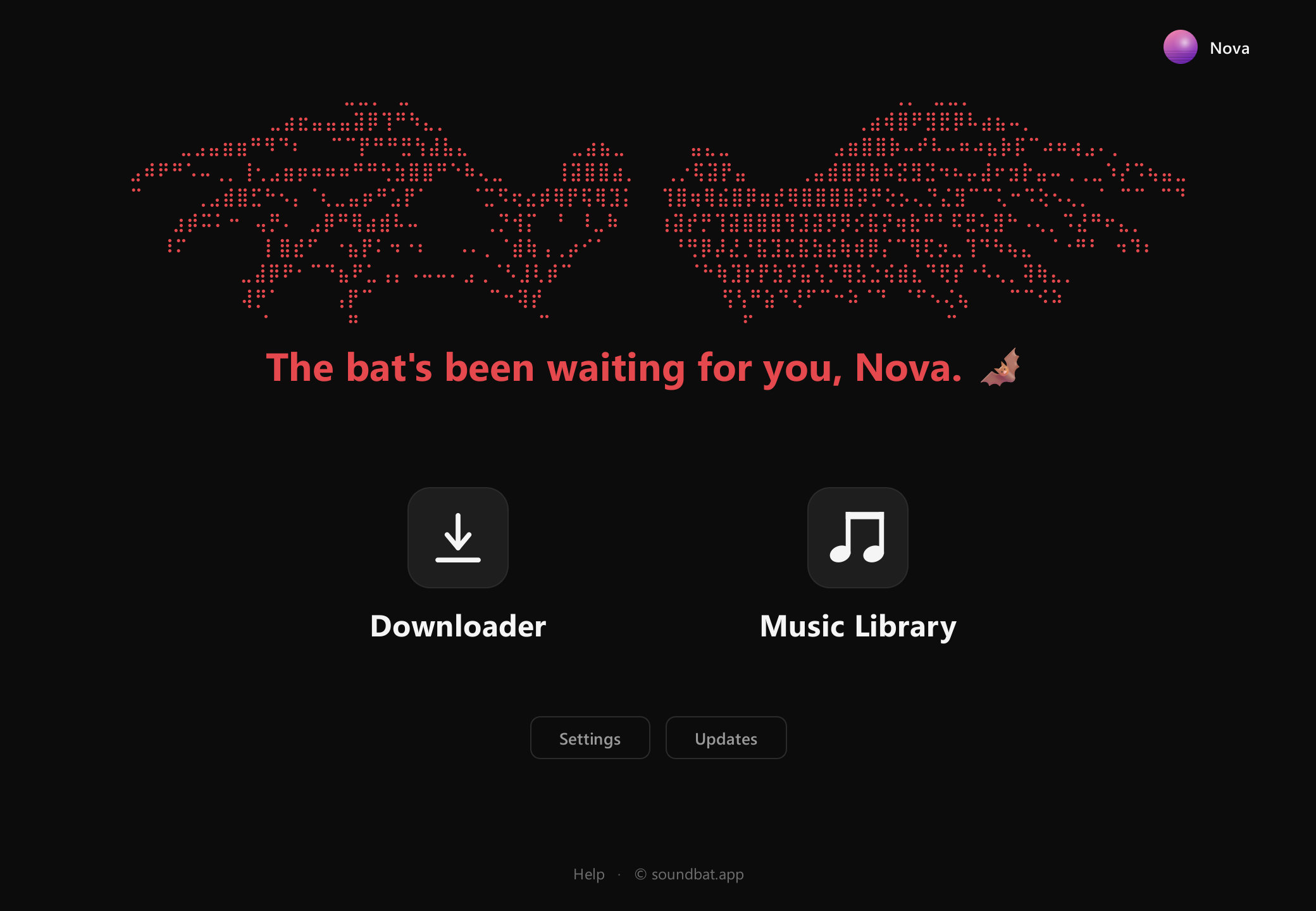 The home screen with the Downloader and Music Library, Settings and Updates