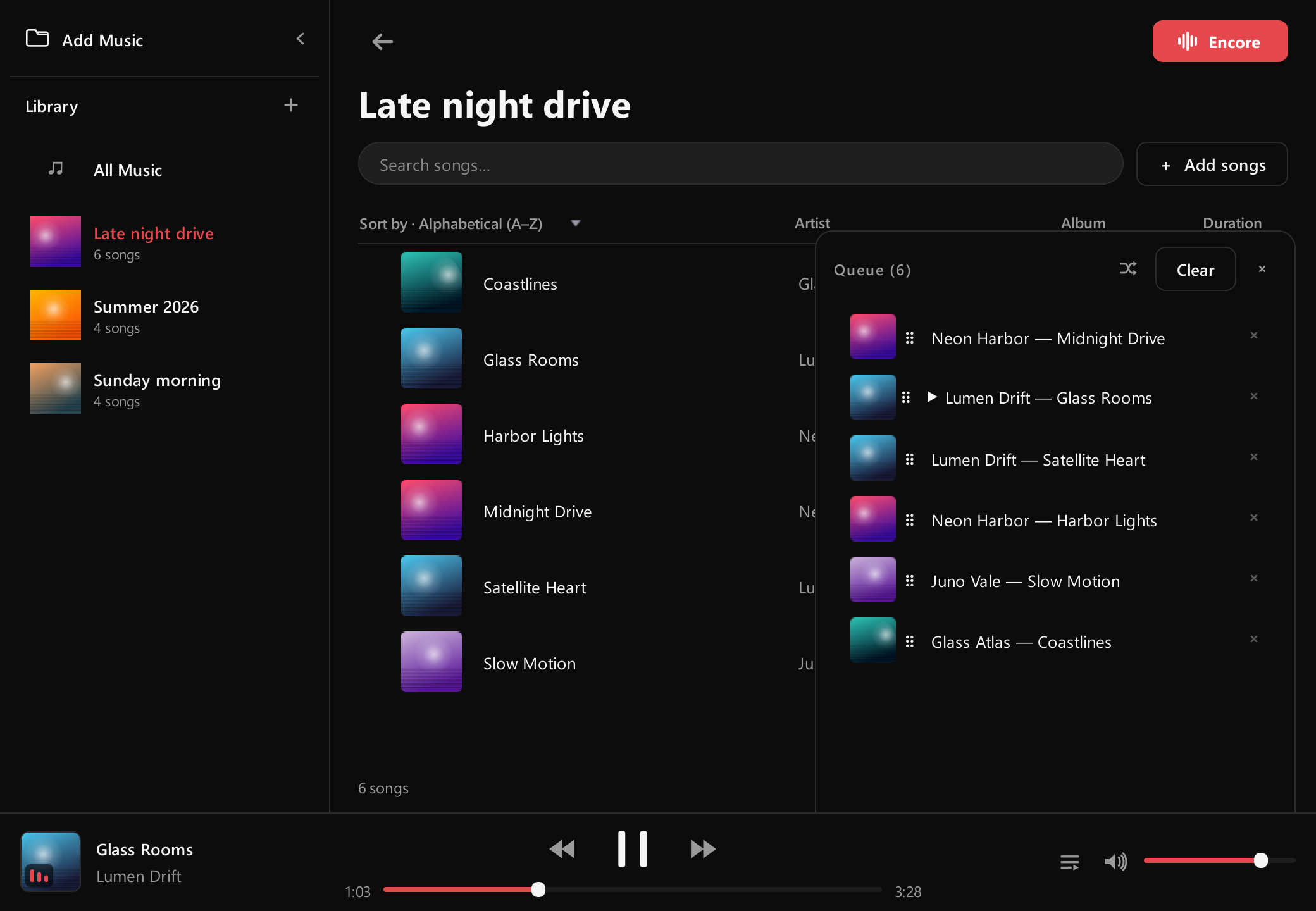 A playlist open with the play queue panel showing what's up next